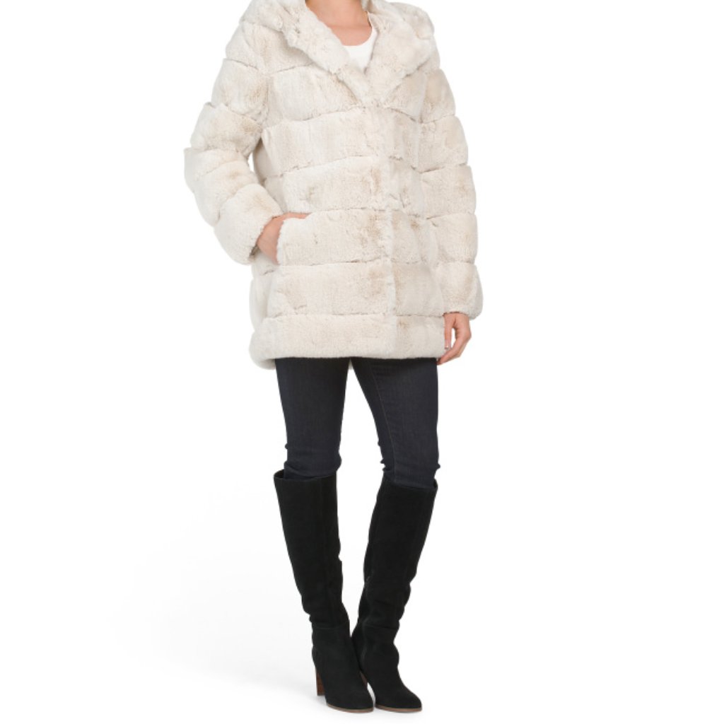 Bcbg Cream Luxury Faux Fur Coat With Hood